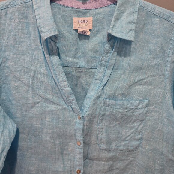 Sigrid Olsen Blue 100% Linen Button Up Shirt Women’s Medium V Neck - Picture 3 of 6